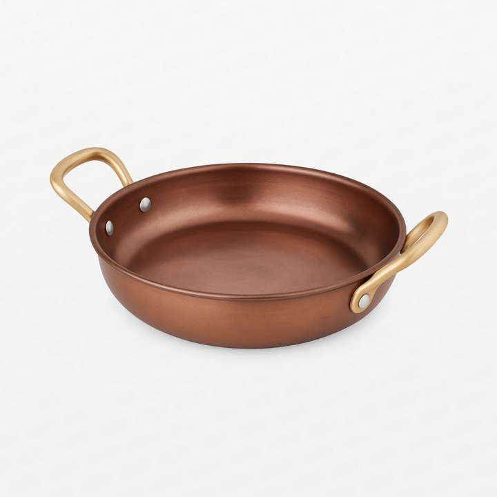 Round Inox Copper Mat Saganaki 14 X 4 Cm With Bronze Handles. Professional Product Suitable For Restaurants, Hotels And Hospital