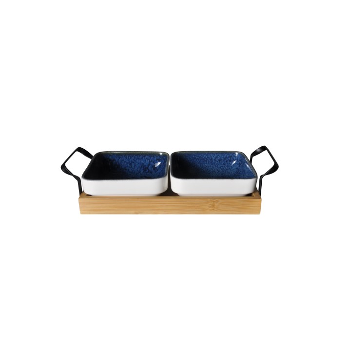 Set Of 2 Pieces Square Stackable Bowls 10 Cm Vythos Prestige With Wooden Base. Professional Bowl Suitable For Food Preparation A